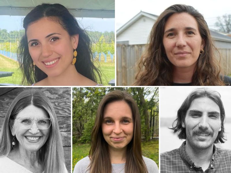 A collage of five people, three women and one man, both indoors and outdoors. Some images are in color and others in black and white.