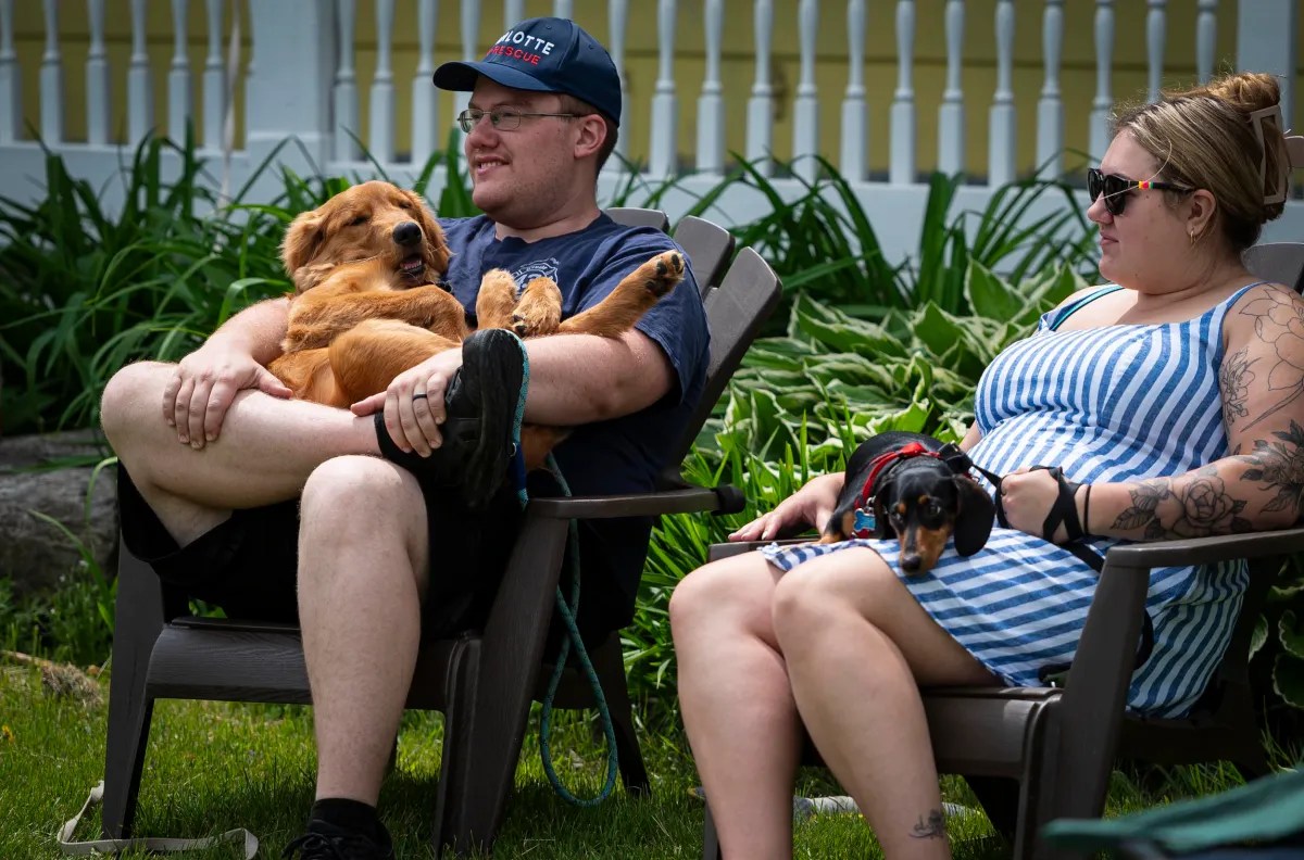 A man holding a dog sits next to a woman with a small dog in her lap. They are both seated in outdoor chairs on a lawn, with greenery and a white fence in the background.