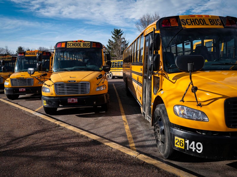 A row of yellow school buses parked in a parking lot.