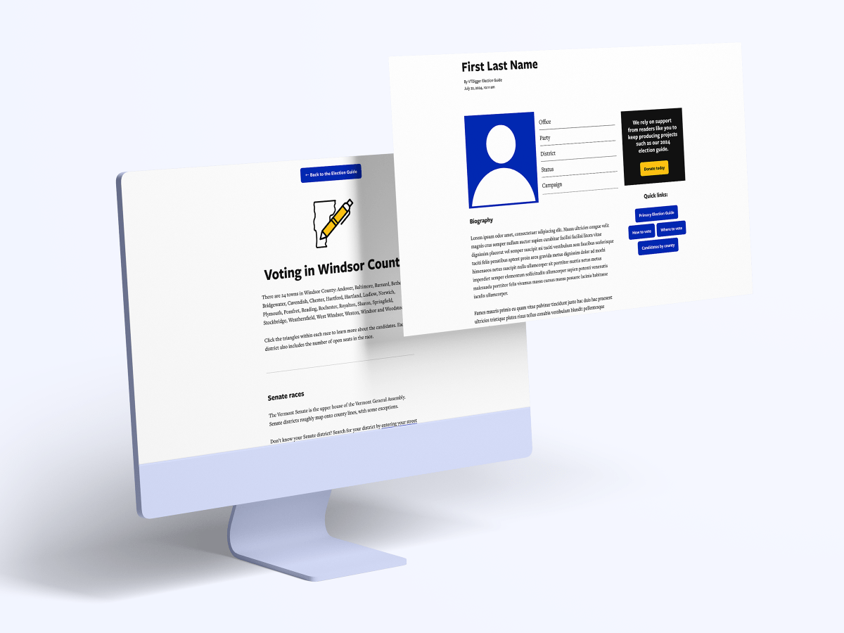 A computer screen displays a webpage about voting in Windsor County with an overlay showing a candidate profile.