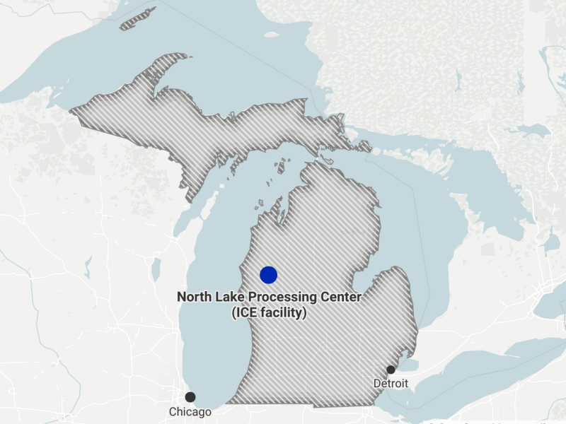 Map of Michigan highlighting the location of the North Lake Processing Center (ICE facility), with Chicago and Detroit marked for reference.