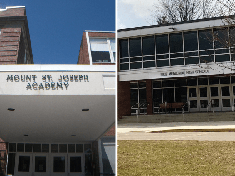 Side-by-side photos of the entrances to Mount St. Joseph Academy and Rice Memorial High School, both brick school buildings with visible signs above their doors.