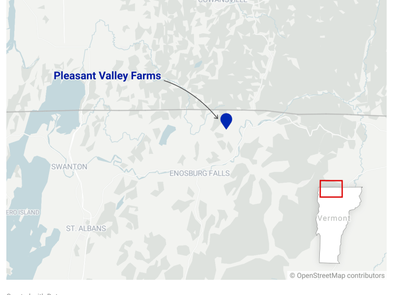 Map showing the location of Pleasant Valley Farms near Enosburg Falls, Vermont, with a blue marker and an inset highlighting the region within Vermont.